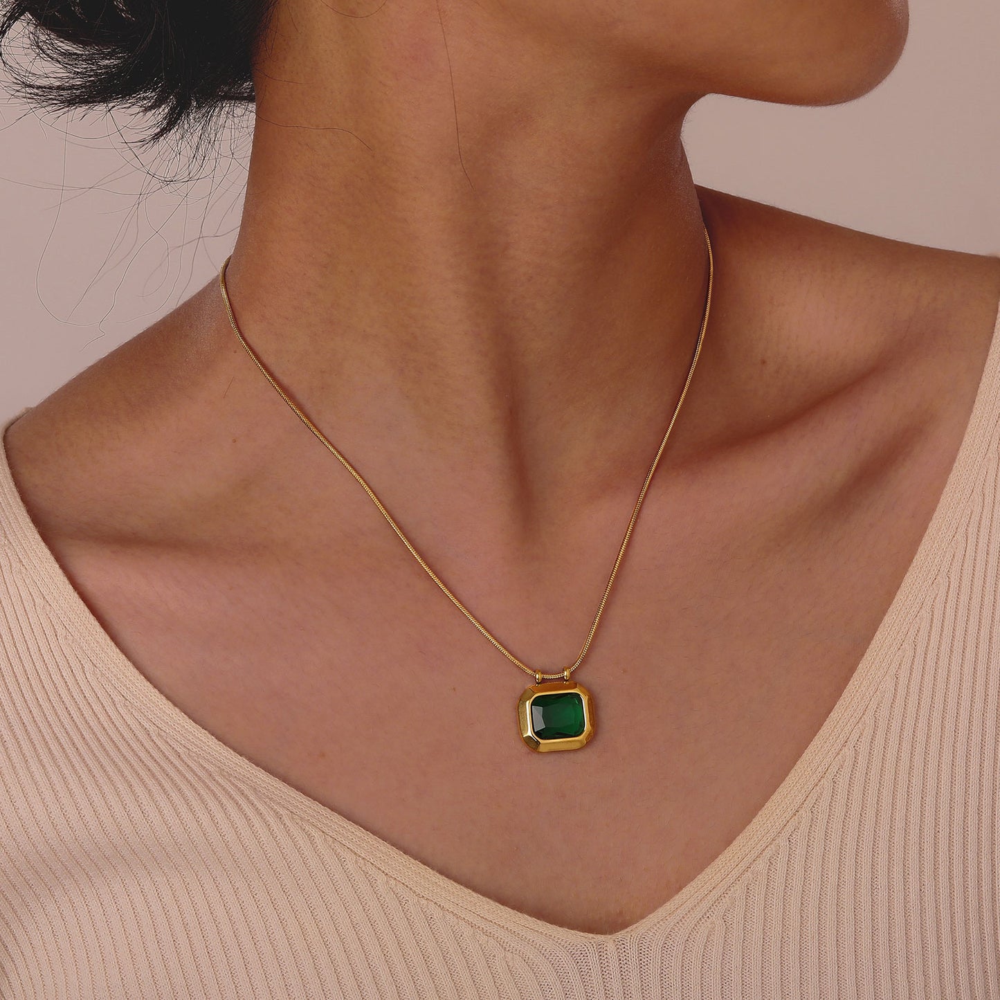 Green Emerald Octagonal Pendant Necklace